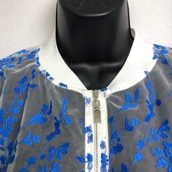 White Mesh See thru Blue Floral Bomber Jacket - Picture 4 of 6
